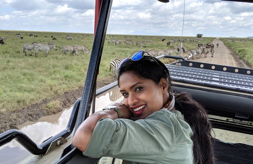 Guest in our 4 x 4 Safari Jeep on a 3 day Tsavo East and West Safari