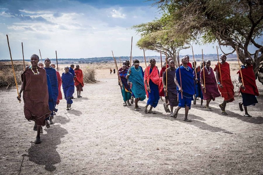 Masaai Tribe marching towards the camera wearing traditional plaid dresses, holding spears | Flash mctours and Travel