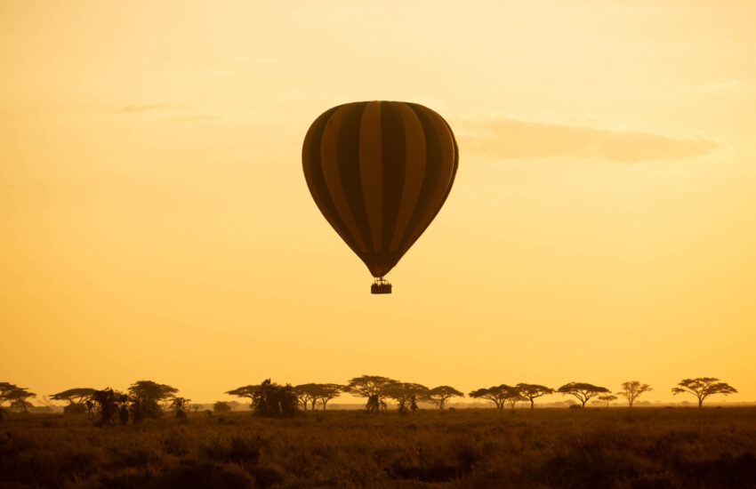 Hot air balloon over the Masai Mara at sunrise, Kenya