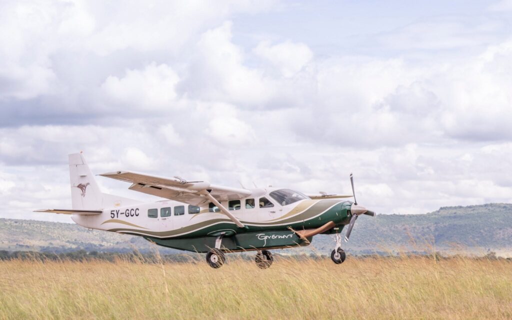 Small plane on the Amboseli airstrip on a 3-day fly-in safari from Nairobi