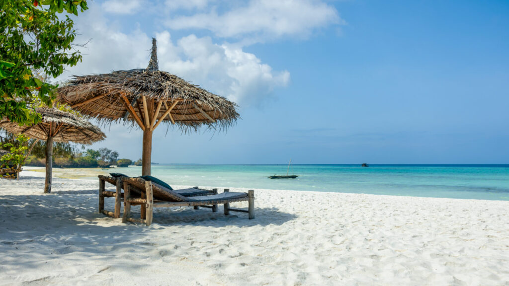 White sandy beach in Diani Beach after a Kenya Honeymoon Safari.