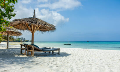 White sandy beach in Diani Beach after a Kenya Honeymoon Safari.