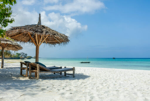 White sandy beach in Diani Beach after a Kenya Honeymoon Safari.