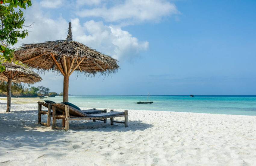 White sandy beach in Diani Beach after a Kenya Honeymoon Safari.